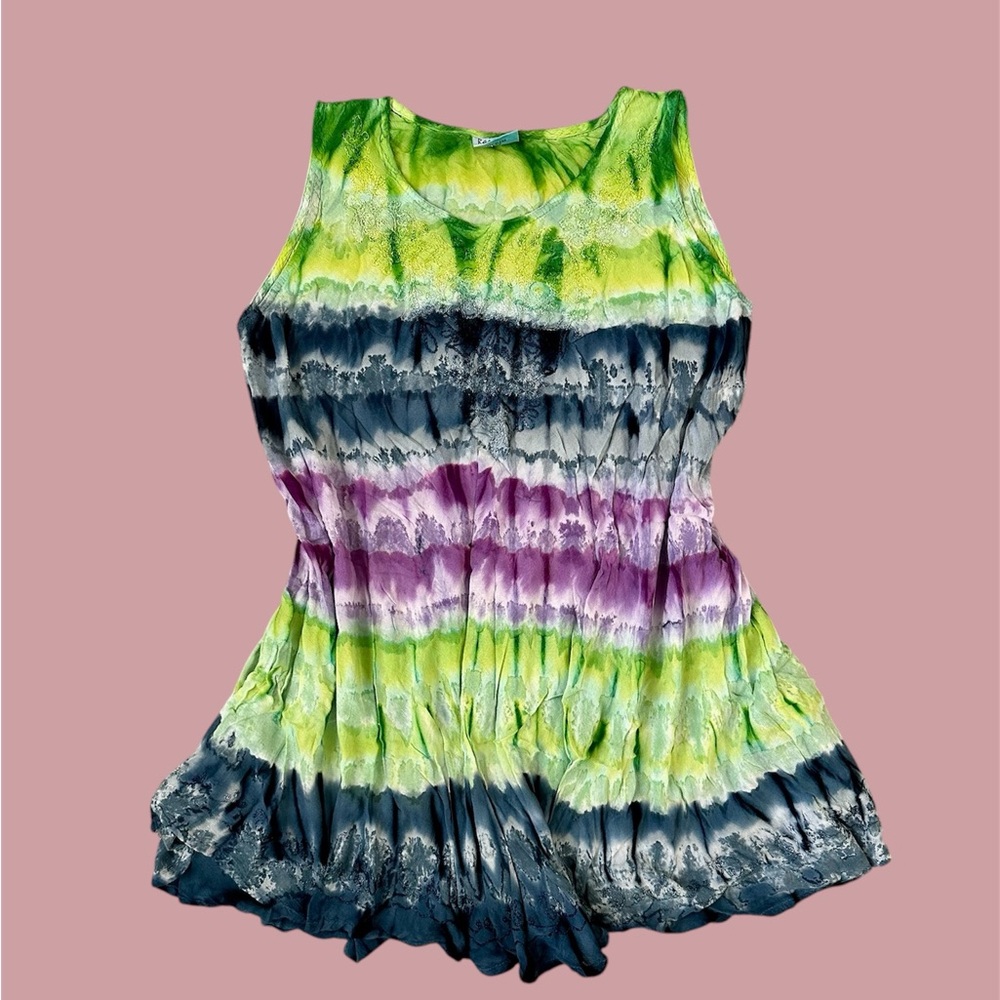 VTG RAINBOW ONE SIZE BOHO INDIA EMBROIDERED TIE DYE GAUZE FLOWY DRESS HIPPIE Y2K
